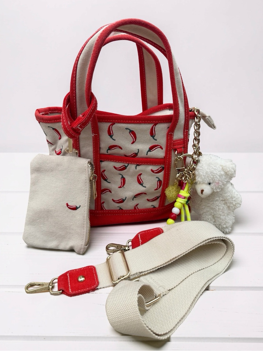 Madden Girl Red and Cream Chili Pepper crossbody Tote with bag charms